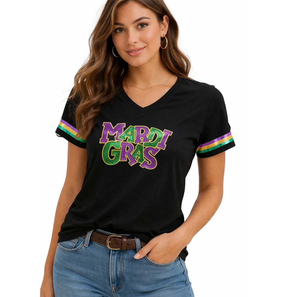 Women’s “Mardi Gras” Short Sleeve Graphic Tee – Black – Size XL – NWOT